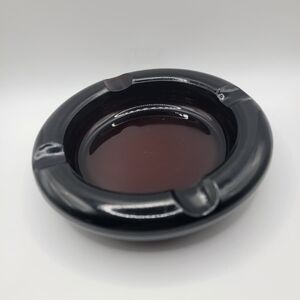 Vintage Black Amethyst Glass Ashtray, Large 6" Mid Century Modern Round Cigar